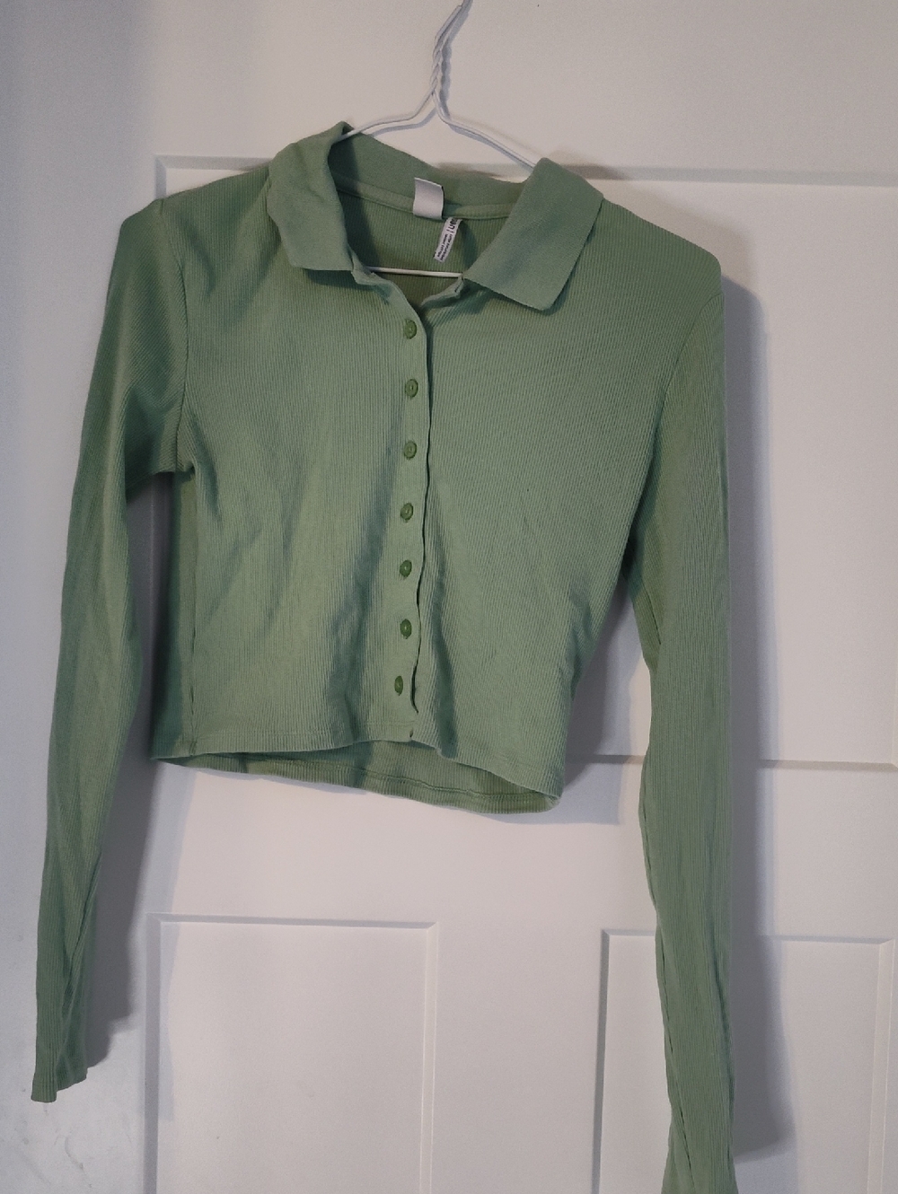 twik Ribbed Button-Front Cropped Polo in Light Sage